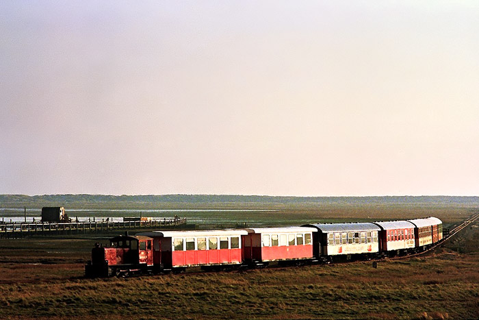 Vorbeifahrende Inselbahn am Abend